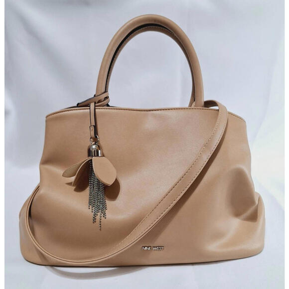 Nine West Handbags - NINE WEST 3 Compartment Faux Leather Satchel Crossbody bag Floral Deco Tan